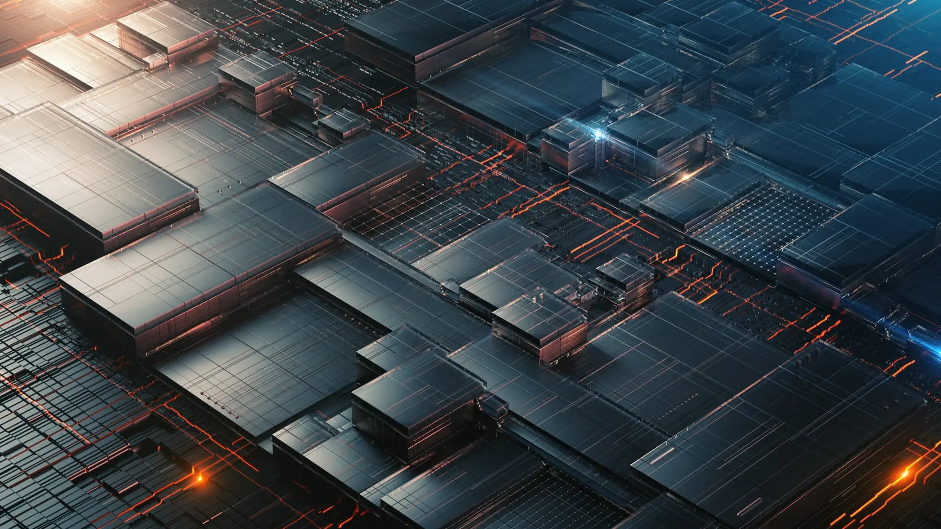 Abstract architectural volumes connected by illuminated computational design lines