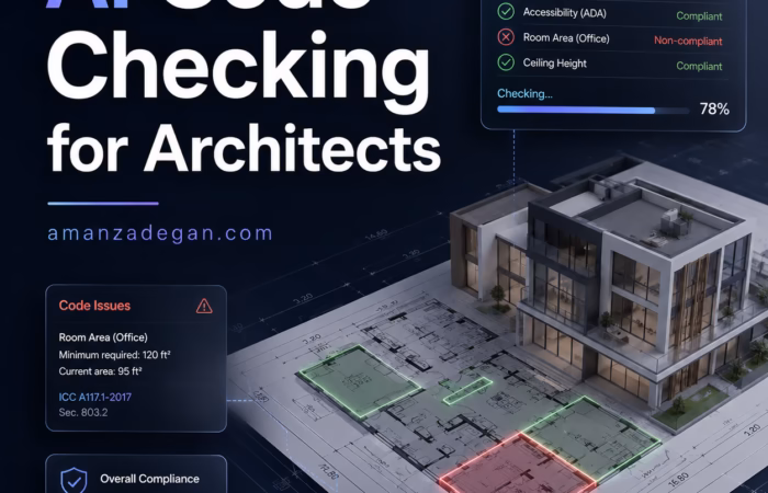 Architect reviewing AI building code checking results on drawings with highlighted compliance issues