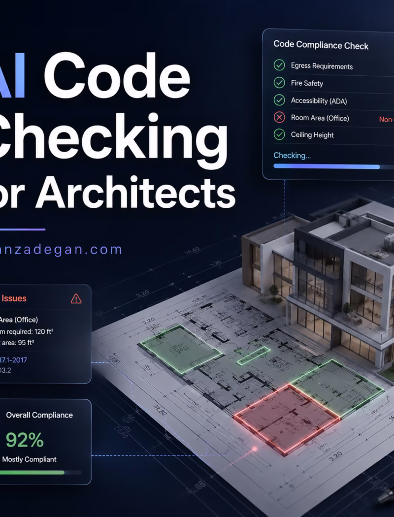 Architect reviewing AI building code checking results on drawings with highlighted compliance issues