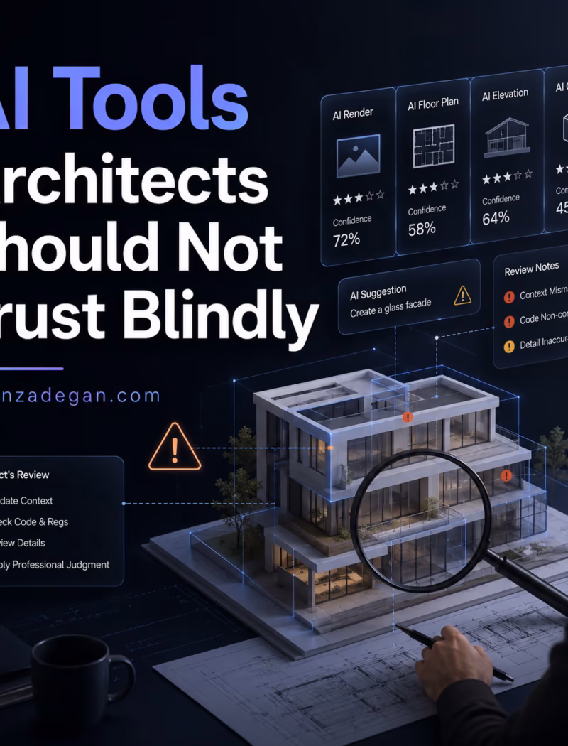 Architect reviewing AI-generated drawings and renders with red warning markers and verification checklist