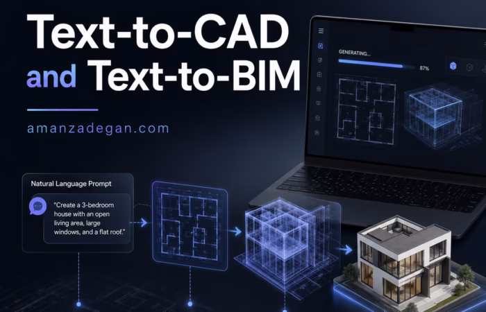 Architect typing a natural language prompt that generates CAD and BIM geometry on a digital design interface